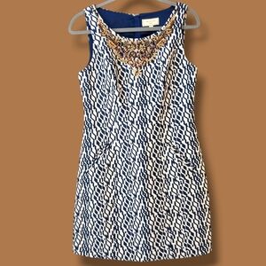 Anthropologie Blue Patterned Beaded Jacquard Sleeveless Shift Dress Office